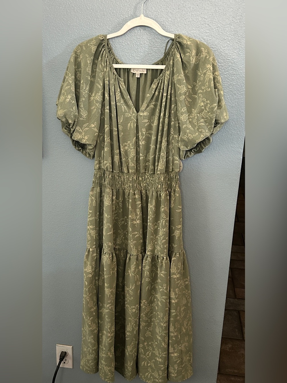 Chenault Olive Green Floral Tiered Midi Dress